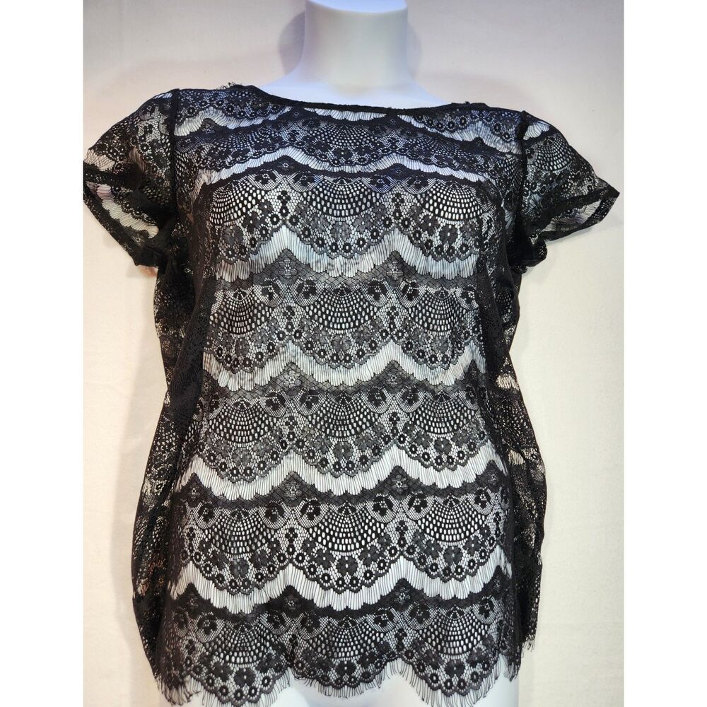 Fred David Womens Sheer Lace Top L Black Floral Short Sleeve Layering Blouse
